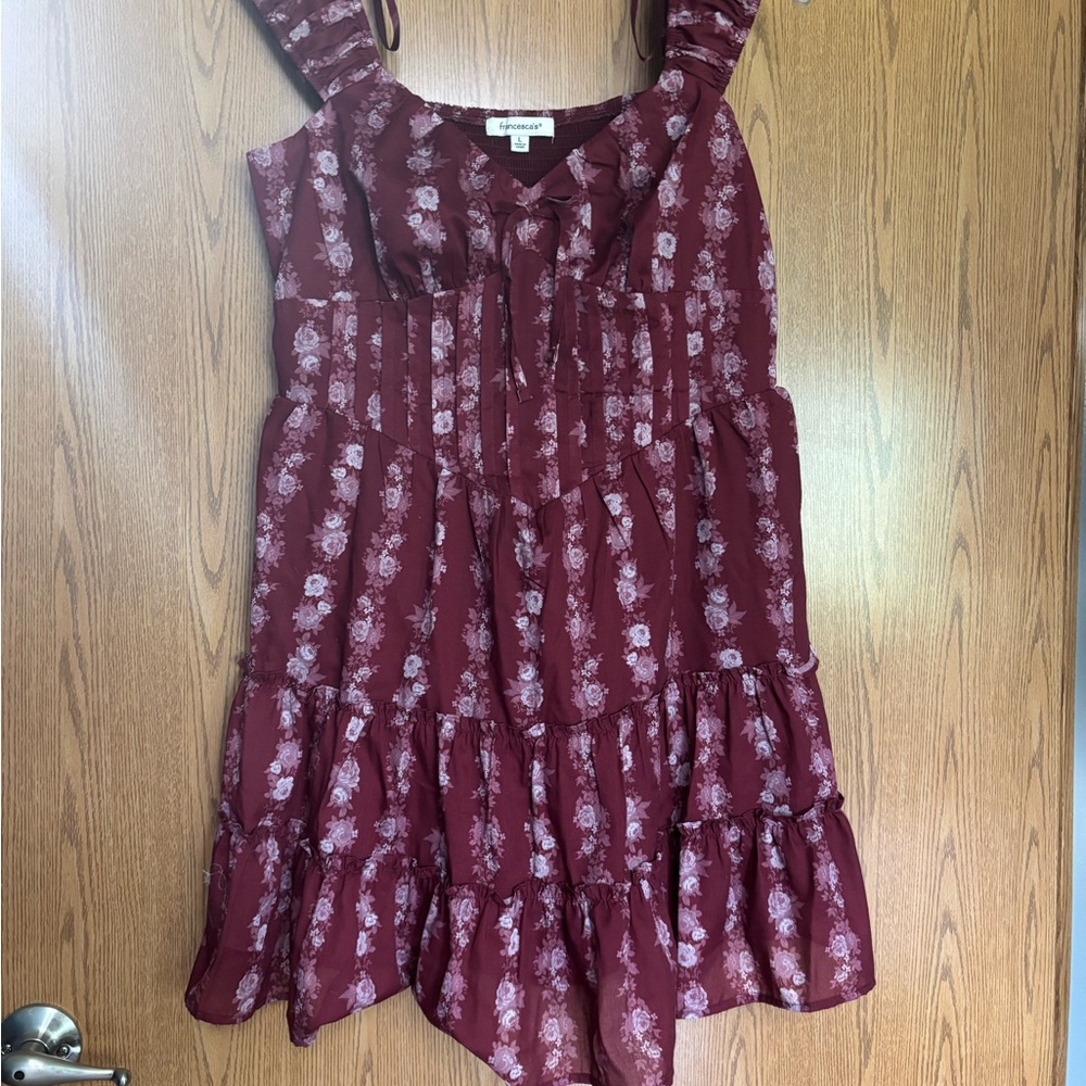 Francesca's Collections Burgundy Floral Tiered Mini Dress